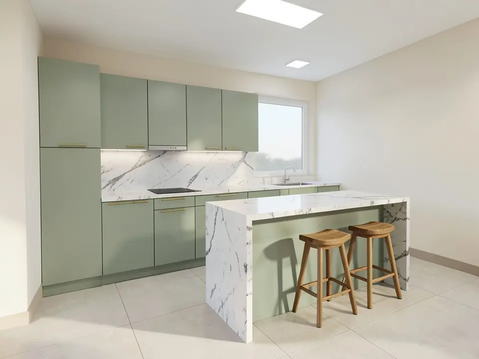 Photo-like daytime render of the same kitchen with sage green cabinets and brass handles, white veined stone counters and backsplash, a white veined stone waterfall island with a sage green front panel and two oak stools, under-cabinet lights, a stainless hood, warm white walls and a pale cream tile floor