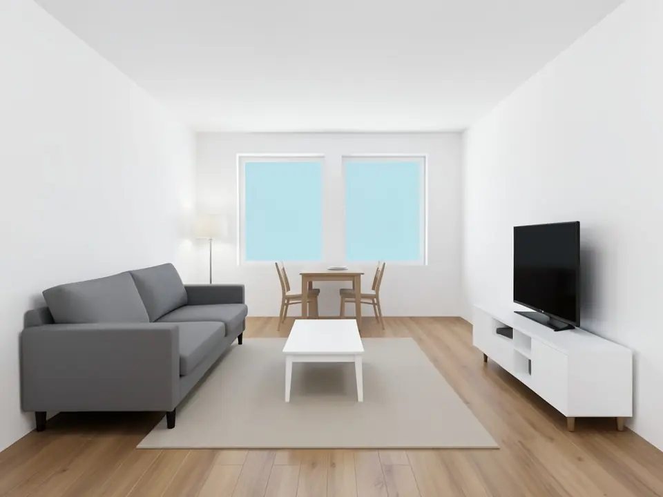 Plain flat-shaded 3D model view of an open-plan living room with white walls and ceiling, a light wood plank floor, a grey three-seat sofa, a white coffee table on a beige rug, a floor lamp in the back corner, a small wooden dining table with two chairs under two windows filled with flat light blue, and a white TV stand with a black TV