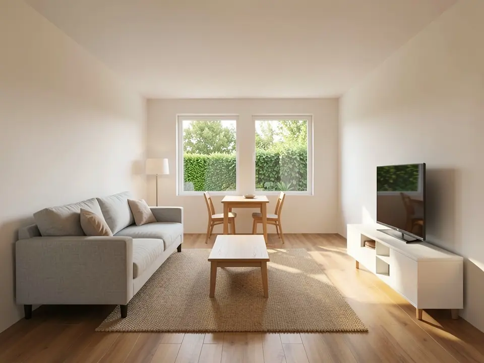 Photo-like daytime render of the same living room with warm white walls, a light grey linen-look sofa with two beige cushions, an oak coffee table on a coarse woven rug, the same floor lamp, dining table and chairs, a hedge and trees through both windows, sun patches on the floor and wall, and the white TV stand with a TV that reflects a garden