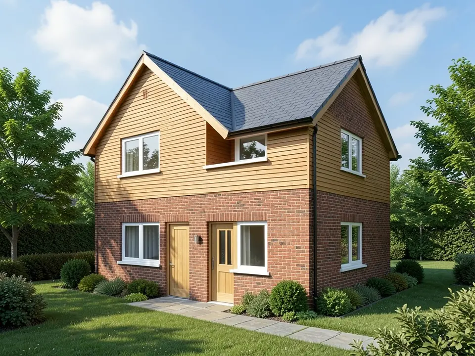 Photo-like daytime render of the same two-storey house with red brick on the ground floor, horizontal timber cladding upstairs, a dark slate roof, white windows, two oak front doors with a wall light between them, a stone path, shrubs along the walls, a lawn, hedges, several large trees and a blue sky with clouds