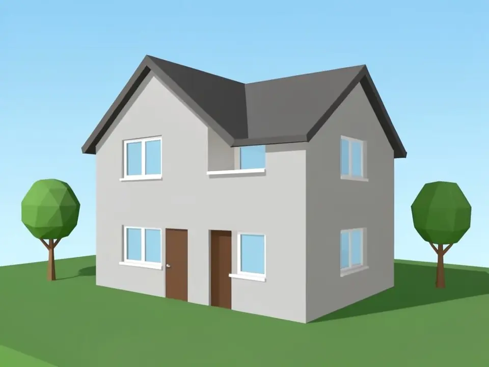 Plain flat-shaded 3D model view of a generic two-storey L-shaped house with light grey walls, a dark grey roof with two gables, white-framed windows with flat blue glass, a recessed upper window, two brown front doors side by side, two simple low-poly trees, a flat green ground and a plain blue sky