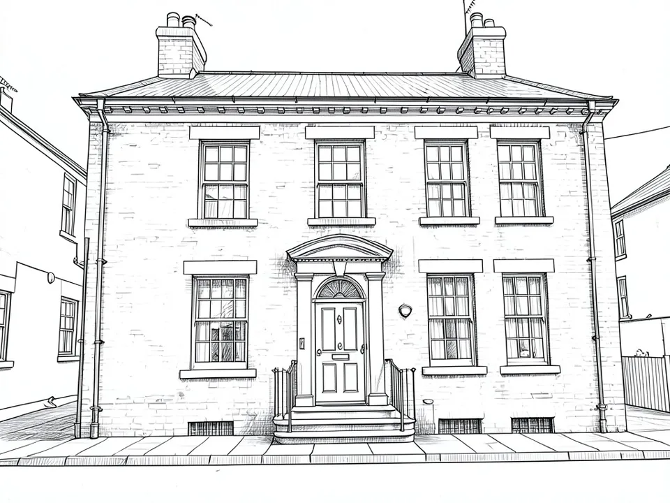 Black ink line sketch on white of the same two-storey house from the same straight-on view: four upper sash windows, one window left of the door and two to the right, the door surround with its curved pediment and fanlight, the steps and railings, the basement grilles, the downpipes and two chimneys with pots, with light hatching and the brick drawn only in patches