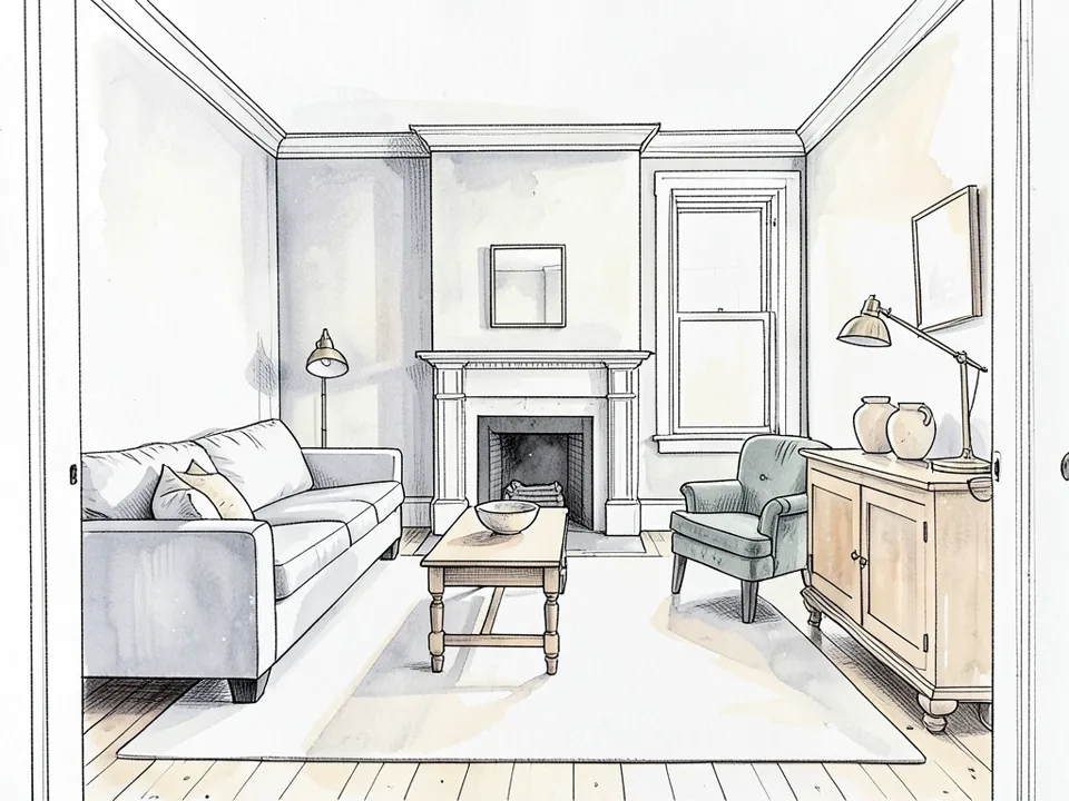 Ink sketch with soft grey and pale colour washes of the same living room from the same doorway view: the grey sofa with two cushions, the coffee table with a bowl, the white fireplace with a log basket under the mirror, the sash window, a pale grey-green armchair, the sideboard with two vases and a lamp, the floor lamp, the frame on the wall and the rug, on white paper