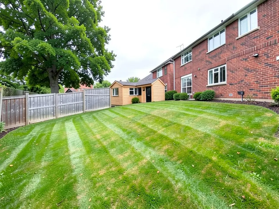 The same lawn with a small light-wood building with a low grey roof, a black door and two small windows, standing against the end of the fence at the corner of the house, with a low shrub in front of it