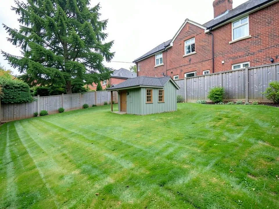 The same lawn with a small sage green board-sided cottage with a dark grey roof, a small covered porch on one post, a wooden door and two small windows, standing in front of the back fence