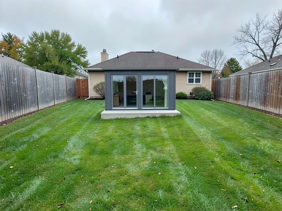 The same yard with a flat-roofed charcoal-clad unit with two glass sliding doors on a pale concrete pad, standing directly against the back wall of the house and covering the middle of it