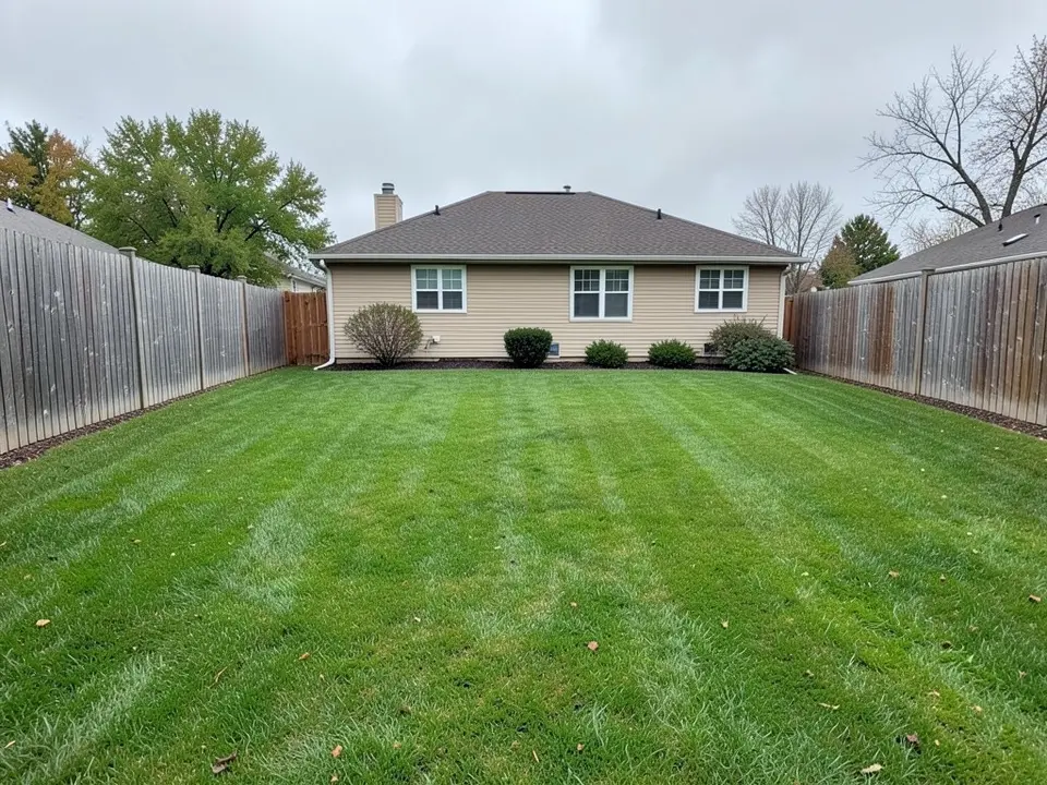 A wide empty backyard of striped green lawn behind a one-storey beige house with a brown roof and a chimney, with grey wooden fences on both sides and trees behind