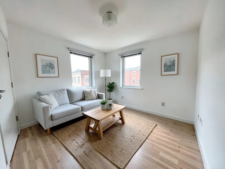 The same room furnished with a light grey sofa, an oak coffee table with plants and books on a woven jute-style rug, a floor lamp, a tall plant and two framed prints on the walls
