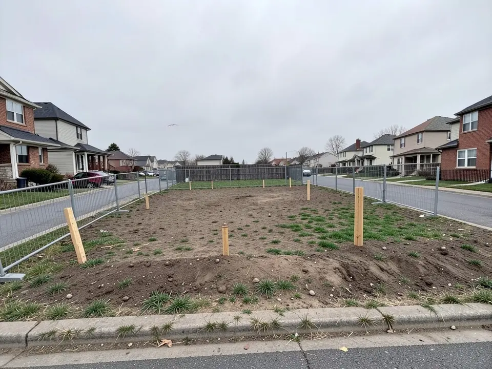 Photo-style view from the pavement of a bare building plot of dirt and sparse grass with wooden stakes, a temporary metal fence on both sides, houses on both sides of the street and a grey overcast sky