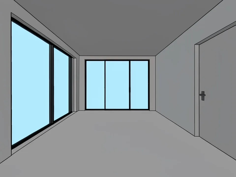 Revit-style Shaded interior camera view of an empty room with a floor-to-ceiling window on the left, a window at the back and a door on the right