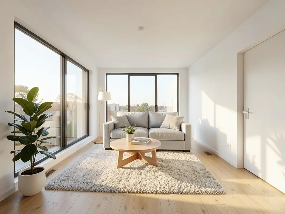 Photorealistic Scandinavian living room in the same room with an oak floor, grey sofa, round wooden coffee table, rug, floor lamp, plant and daylight from the windows