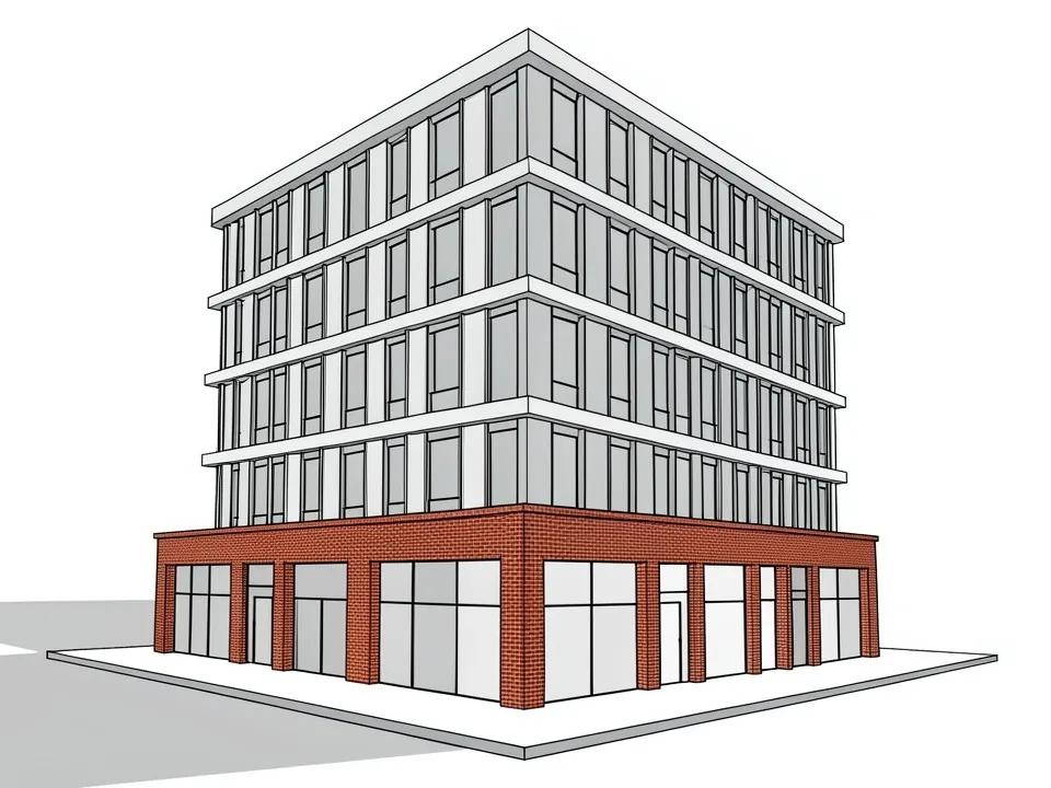 Revit-style Consistent Colors view of a six-storey corner building with a brick shopfront podium and gridded office floors above