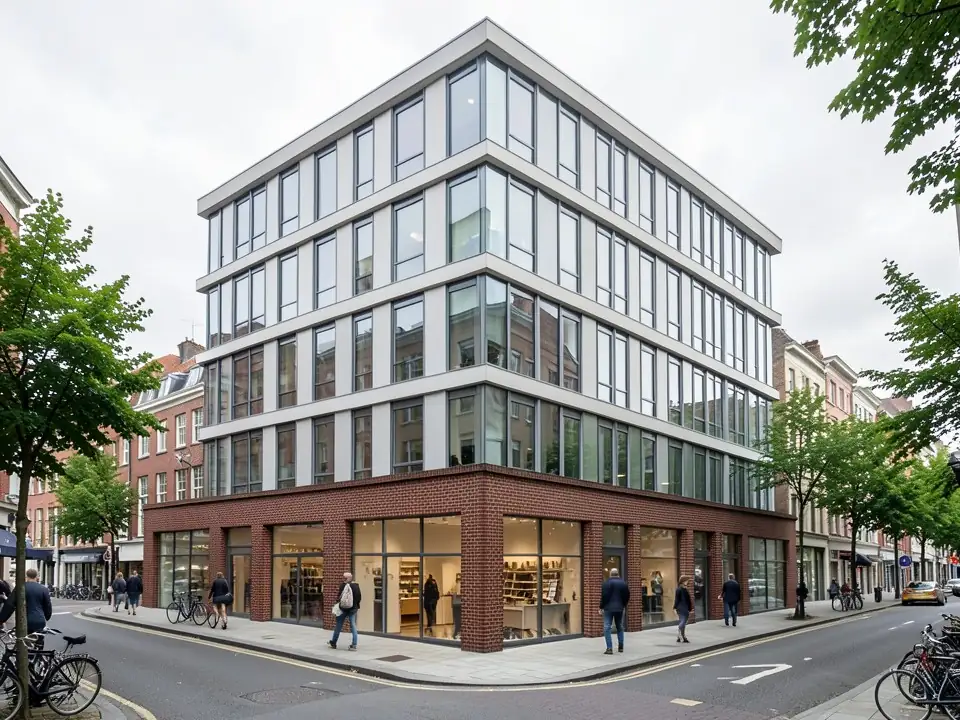 Photorealistic street view of the same corner building with a brick podium, glass shopfronts, glazed office floors, pedestrians, bicycles and street trees under an overcast sky