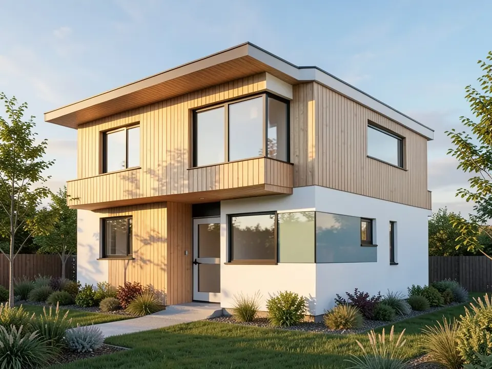 Photorealistic render of the same house with vertical timber cladding, white render walls, black-framed windows, a planted front garden and golden-hour light