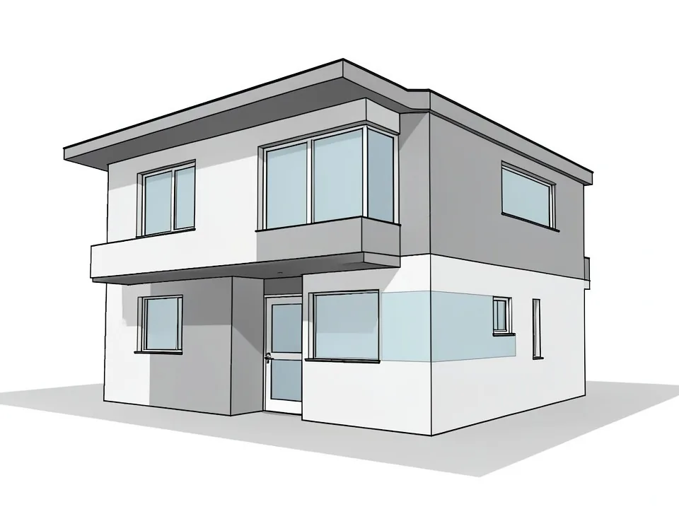 Revit-style Shaded 3D view of a two-storey modern house with a flat roof, a projecting upper floor and plain grey and white faces with black edges