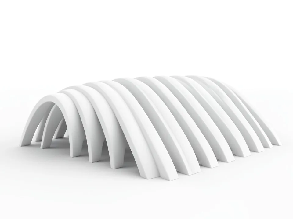 Rhino-style Arctic viewport of an all-white parametric pavilion made of parallel arched ribs of changing height on a white ground