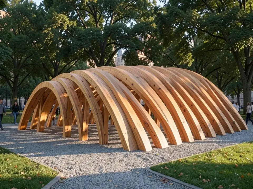 Photorealistic render of the same ribbed pavilion built in curved glulam timber in a park with gravel, grass, trees and people walking under it
