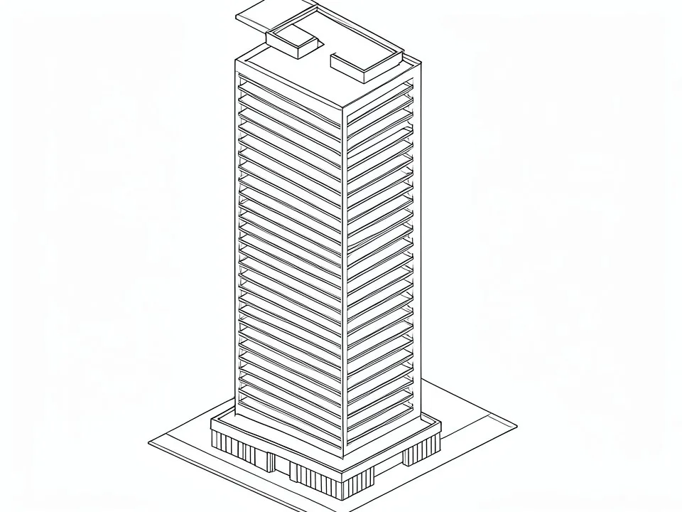 Make2D-style black line drawing on white of a slender tower with stacked floor plates, a podium and a stepped roof