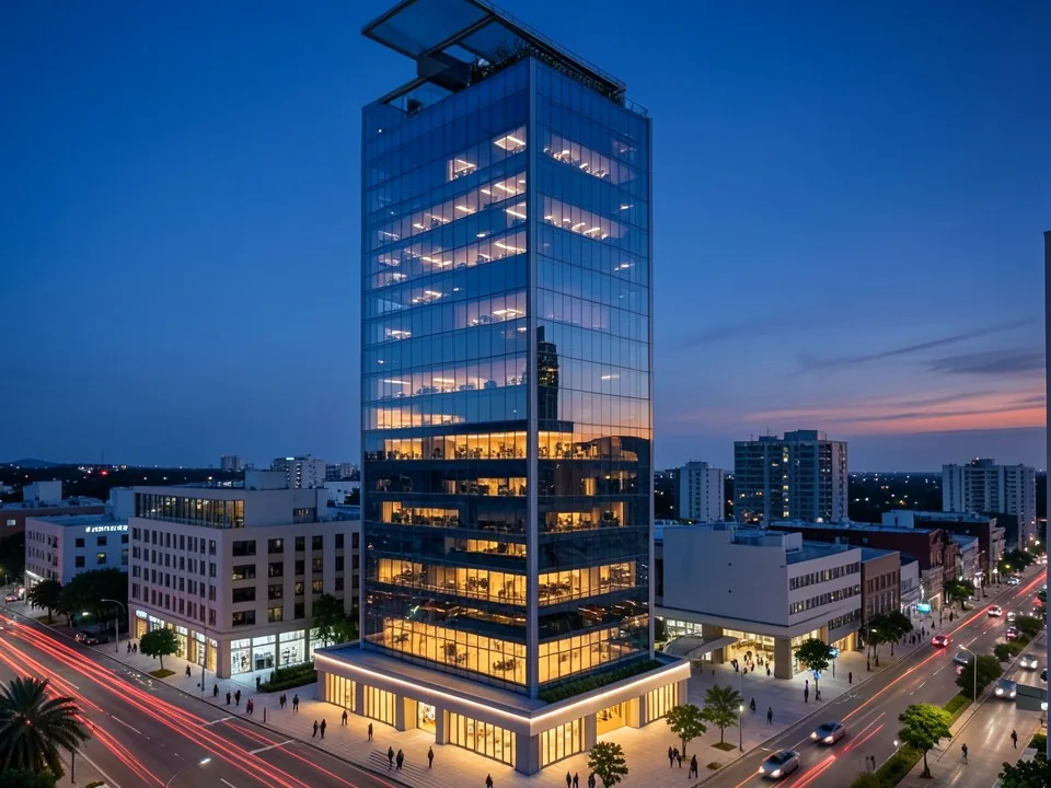 Photorealistic dusk render of the same tower with a glass curtain wall, warm lit floors, a lit lobby, city blocks around it and car light trails on the street