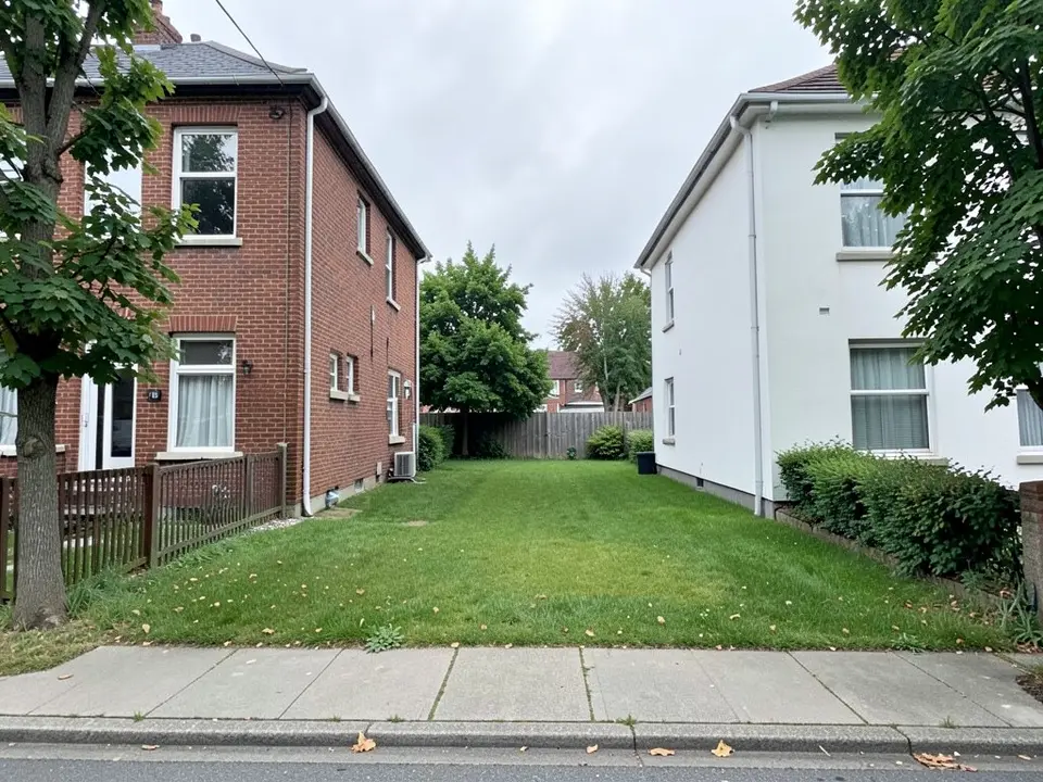 Eye-level photo-style view of a narrow empty grassy plot between a red brick two-storey house on the left and a white rendered two-storey house on the right, with a sidewalk and street trees in front under an overcast sky