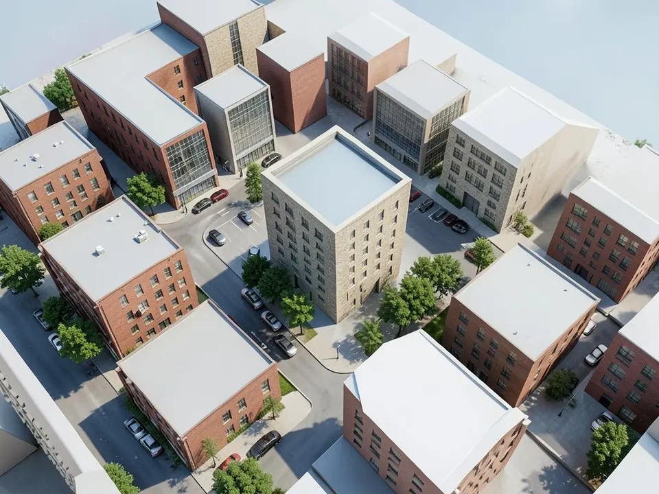 Daytime aerial concept render of the same block with brick, stone and glass buildings, a stone-clad taller building in the middle with a pale roof, streets with parked cars, small parking bays and street trees, and a hazy blue-grey background