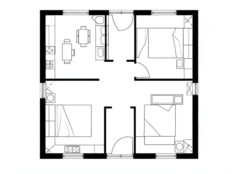 Black and white 2D floor plan of a small three-bedroom home with door swings and furniture outlines