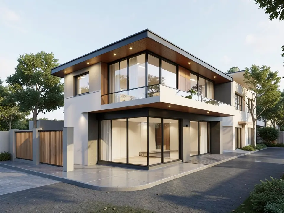 Photorealistic render of the same modern house with white render walls, timber soffit, glass balcony and lit soffit lights in daylight