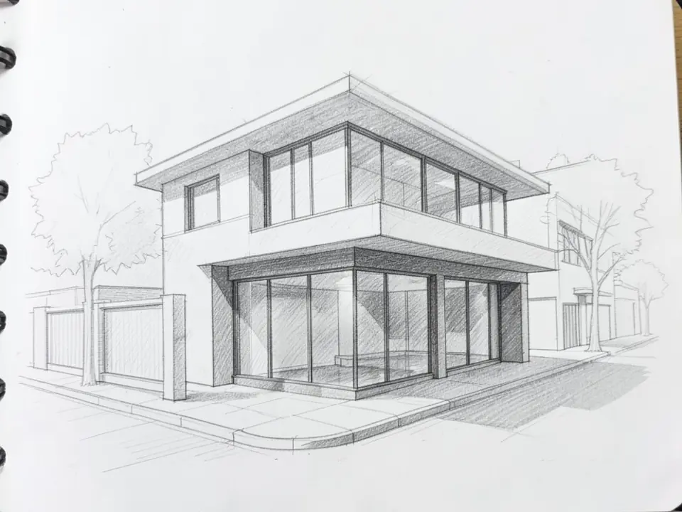 Pencil perspective sketch of a two-storey modern corner house with large glass walls and a flat overhanging roof