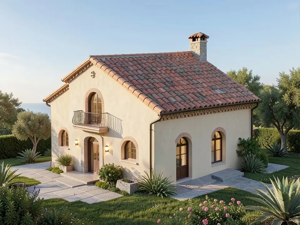 Photorealistic Mediterranean villa render with terracotta roof tiles, cream stucco walls, arched windows and a garden