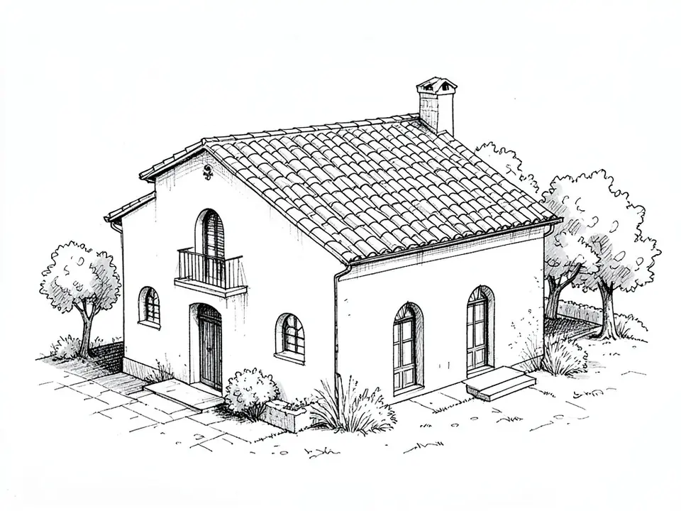 Ink sketch of a small villa with a clay tile roof, arched windows, a balcony and a chimney
