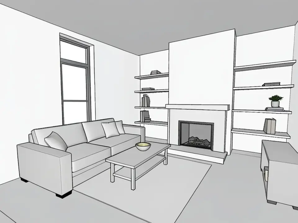 Untextured SketchUp-style interior model of a living room with a sofa, coffee table, tall window, fireplace and wall shelves