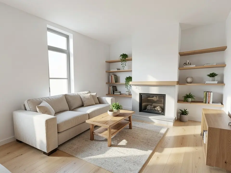 Photorealistic Scandinavian living room render with an oak floor, linen sofa, wooden coffee table, rug, plants and books on the shelves