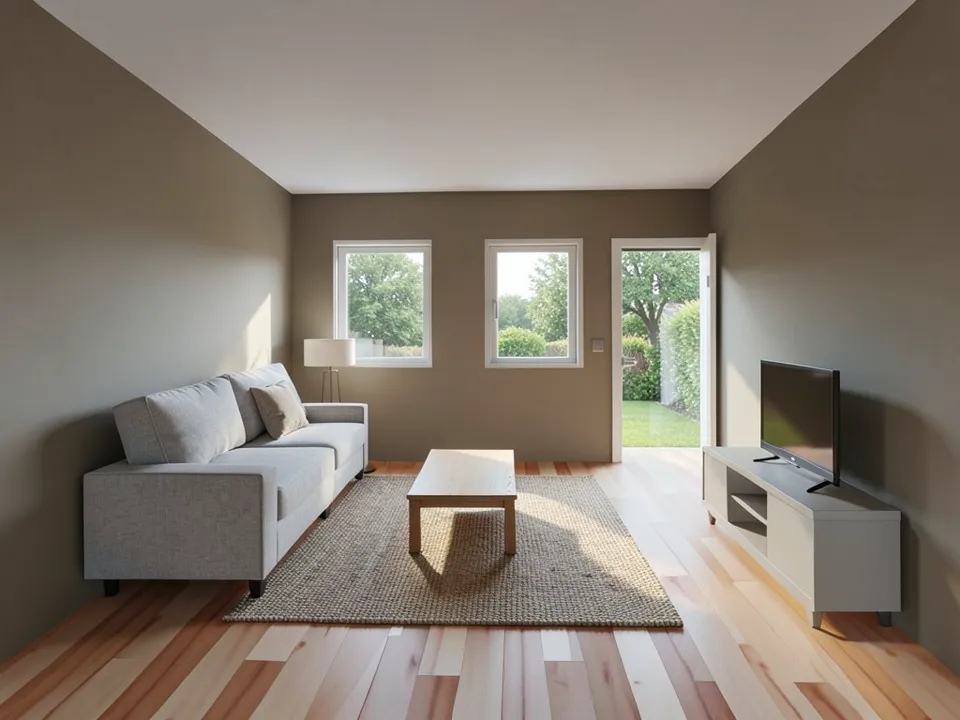 Photo-like daytime render of the same living room with darker taupe walls, multi-tone oak plank floor, a light grey fabric sofa with cushions, an oak coffee table on a natural woven rug, a white TV cabinet, and trees and a garden visible through the two windows and the open door