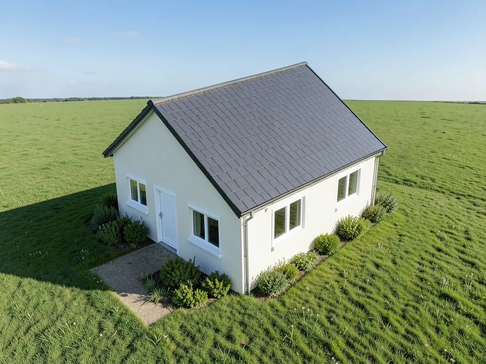 Photo-like daytime aerial of the same single-storey house with dark grey roof tiles, off-white walls, white-framed windows, gutters and downpipes, shrubs along the walls and a gravel area by the door, in an open grass field that runs to a distant tree line under a blue sky