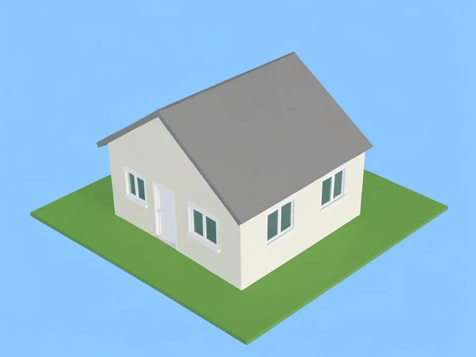 Home-planner style aerial 3D view of a small single-storey house with a plain grey gable roof and off-white walls, a window, door and window on the gable end and two windows on the long side, standing on a flat green square against a plain light blue background