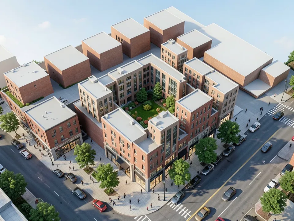 Photoreal daytime aerial of the same courtyard block in red-brown brick with shopfronts, a planted courtyard garden, neighbouring blocks in brick, and AI-added streets with crossings, parked cars, street trees and pedestrians
