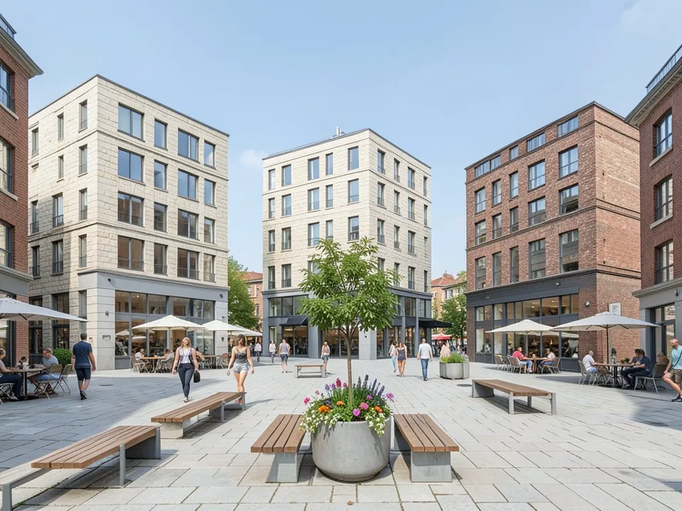 Photoreal daytime plaza between the same three buildings, two in light stone and one in brick, with stone paving, a large round planter with a young tree between two timber benches, cafe tables under umbrellas, people walking, and extra brick buildings added at both edges of the view